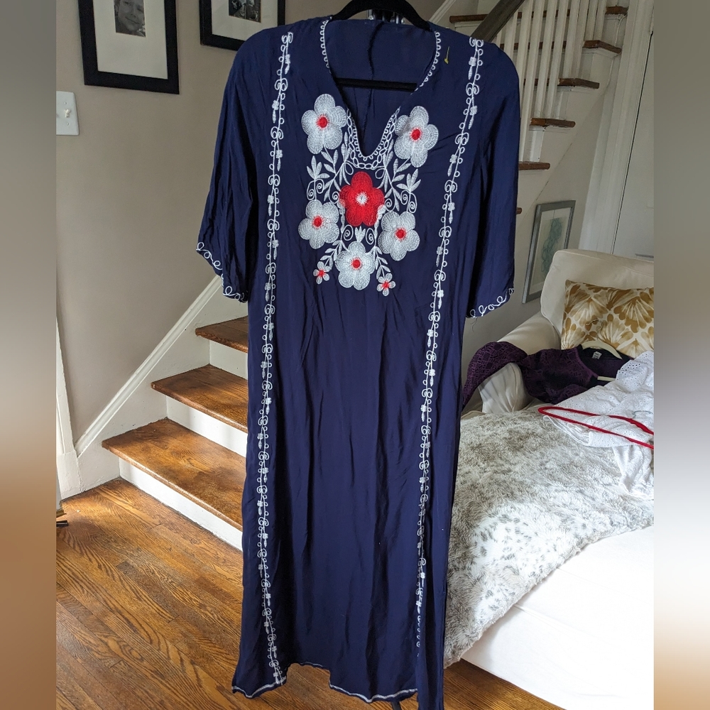 Navy blue embroidered maxi dress beach cover up kaftan